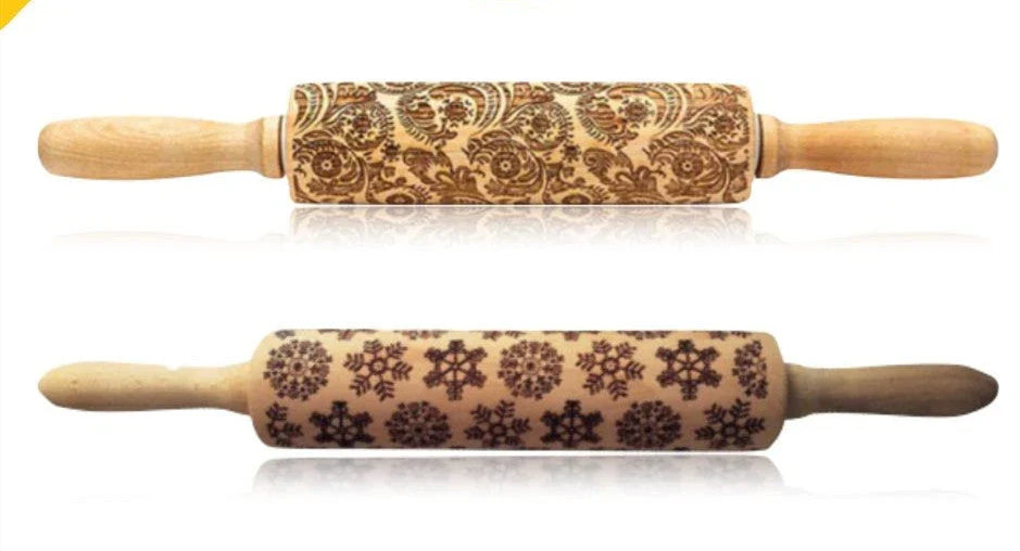 Festive rolling pin with embossed Christmas designs for easy imprinting on dough