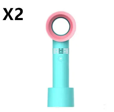 Portable bladeless fan with USB cable and base, showing compact design and bladeless airflow