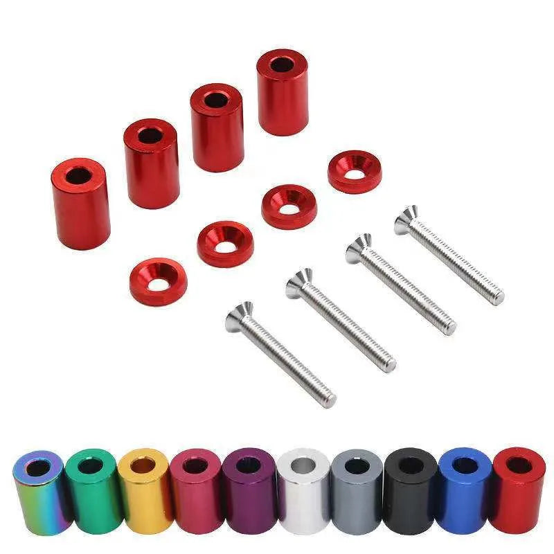 Aluminium engine cover spacer kit with four screws, nuts, and washers in red, blue, and black colours