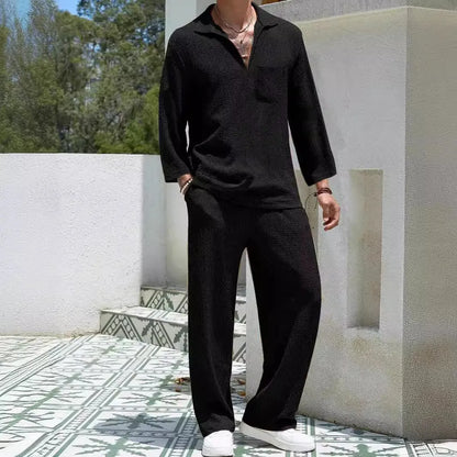 Men's casual shirt trousers commuter suit in lake blue colour with polyester fabric for autumn wear.