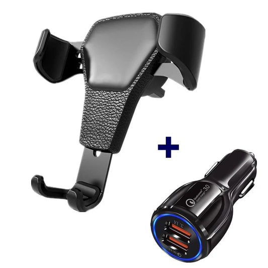 Premium leather grain gravity car phone holder in black and white