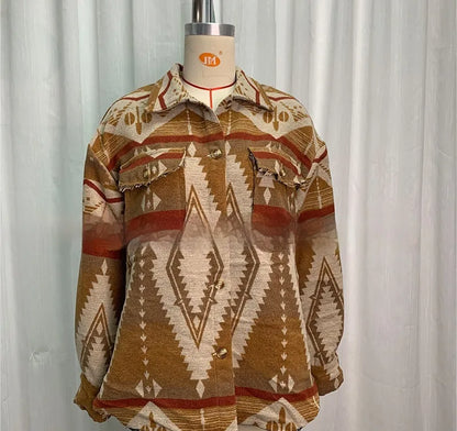 Retro style women's jacket with Aztec print in woolen coat construction, shown in loose fit with long sleeves