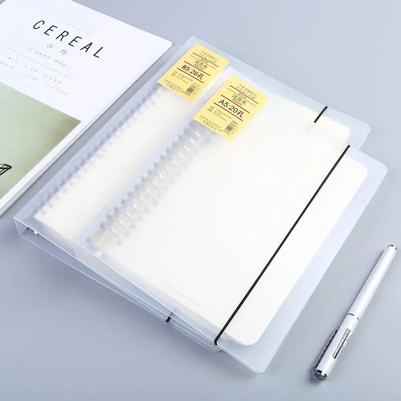 A5 and B5 loose-leaf notebooks with black looped wire binding and horizontal line paper on a PP matte cover.