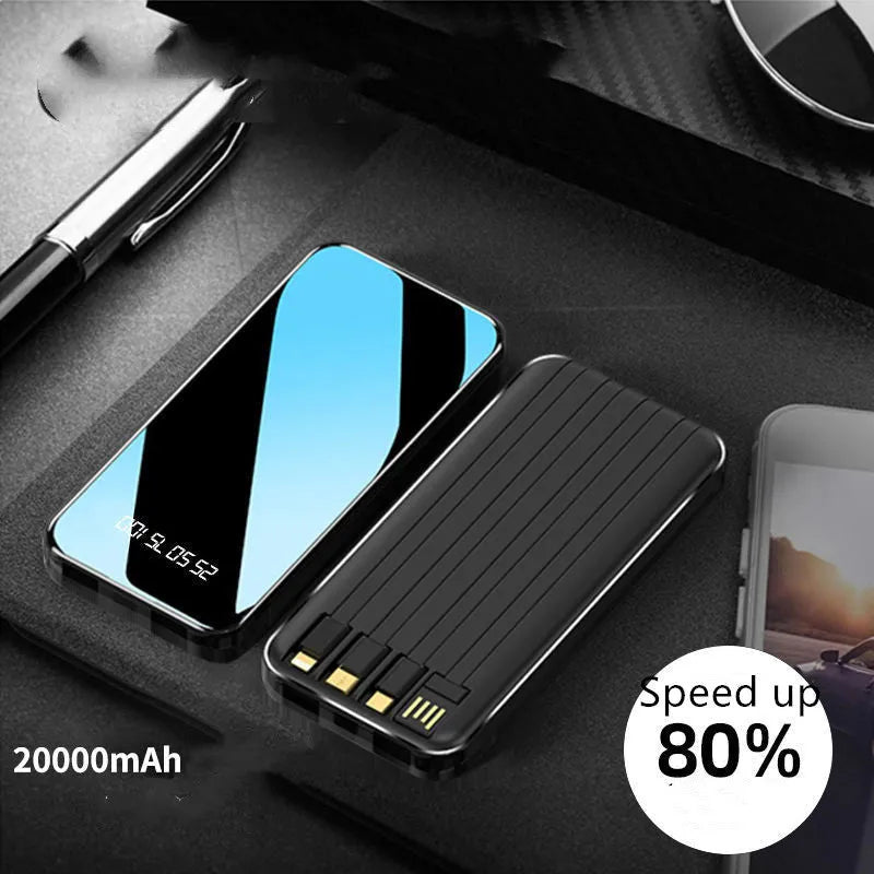 Portable power bank with digital display showing battery percentage and multiple charging ports