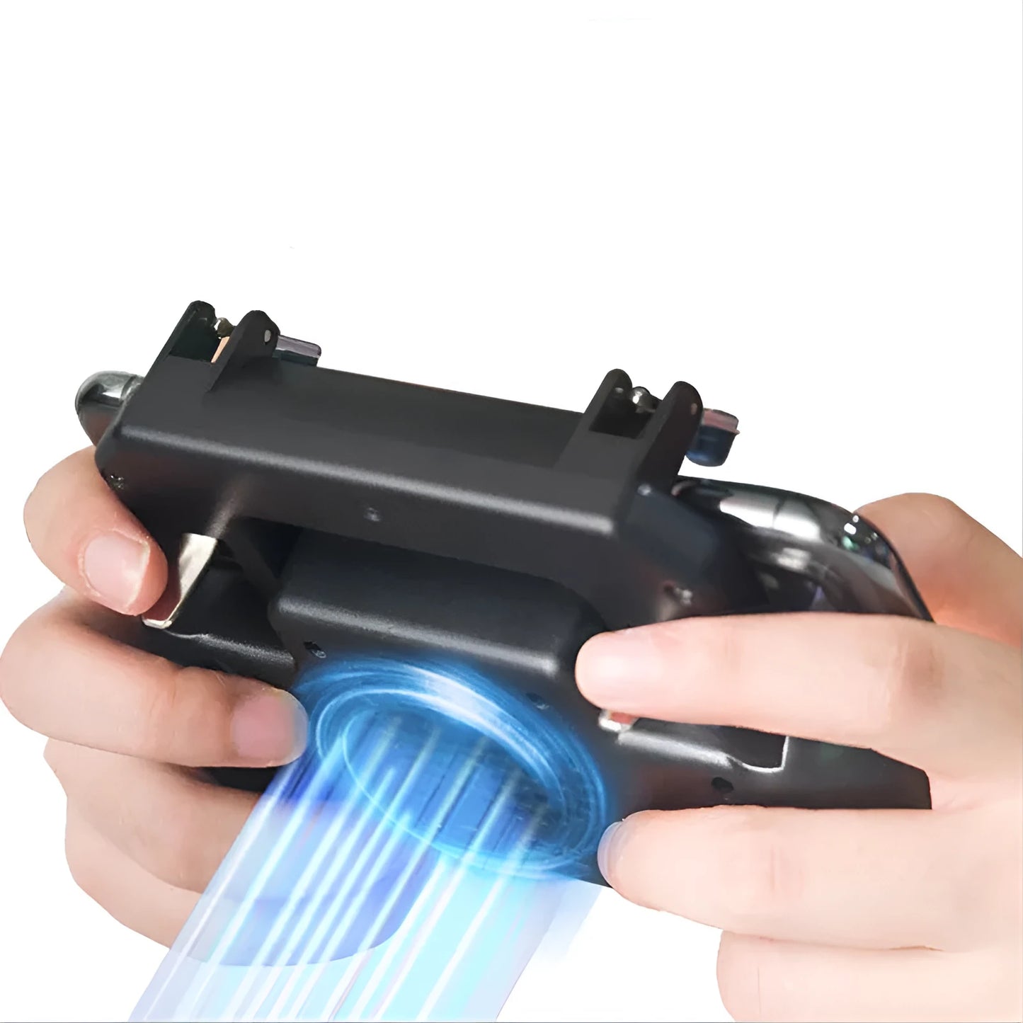 Black USB mobile game controller with aluminium alloy trim for smartphones, showing grip and action buttons.