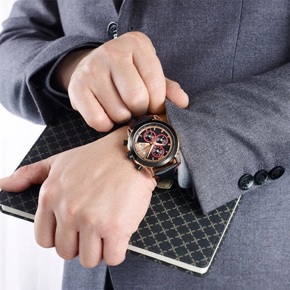 Men's black waterproof luminous quartz watch with leather strap and alloy case