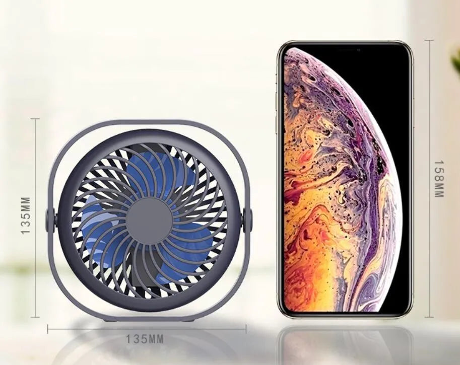 USB charging fan with 360-degree rotation and alarm clock display in modern design