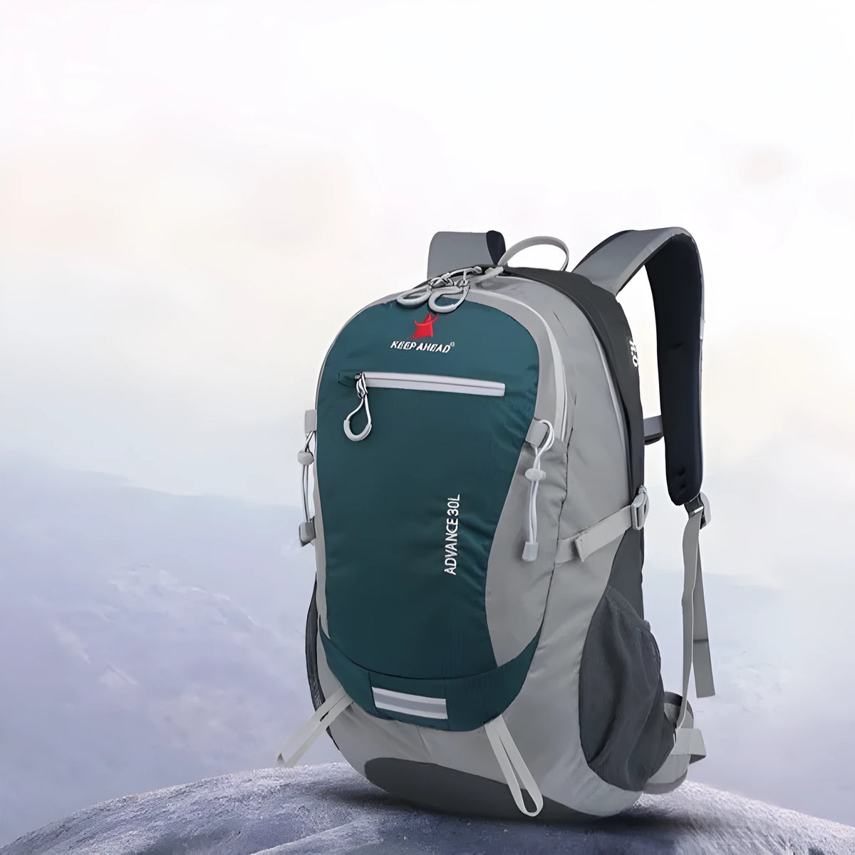 Dark green 30 litre nylon waterproof hiking backpack with airpillow straps on a neutral background.