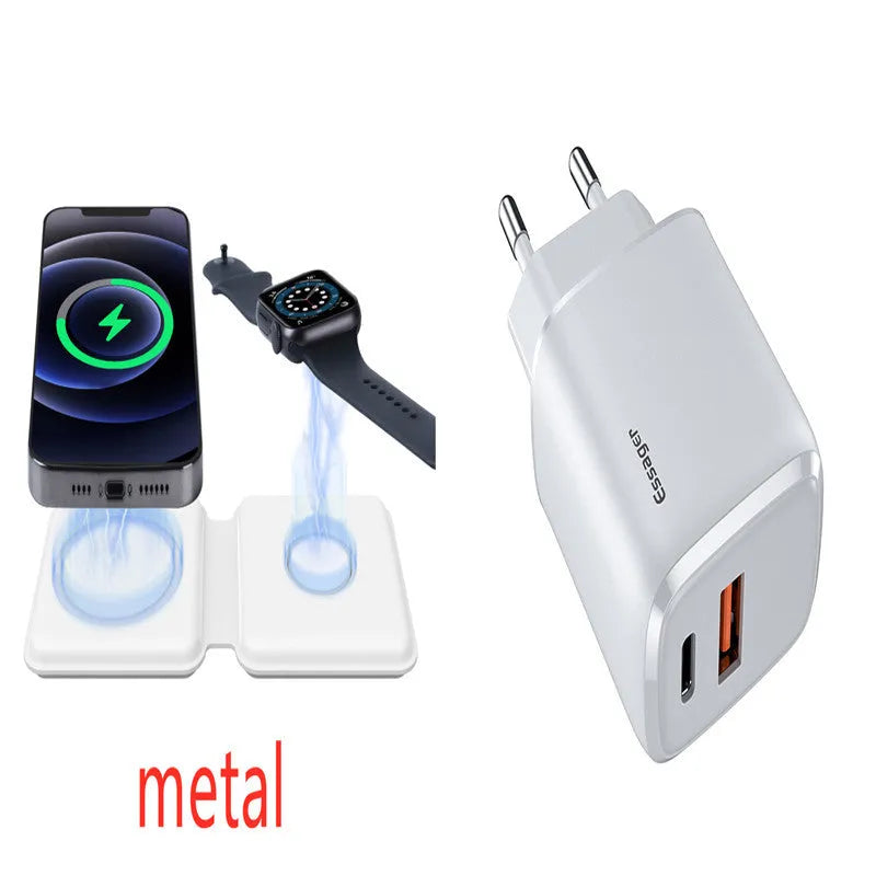 White foldable magnetic wireless charger showing dual charging surfaces and Type-C port