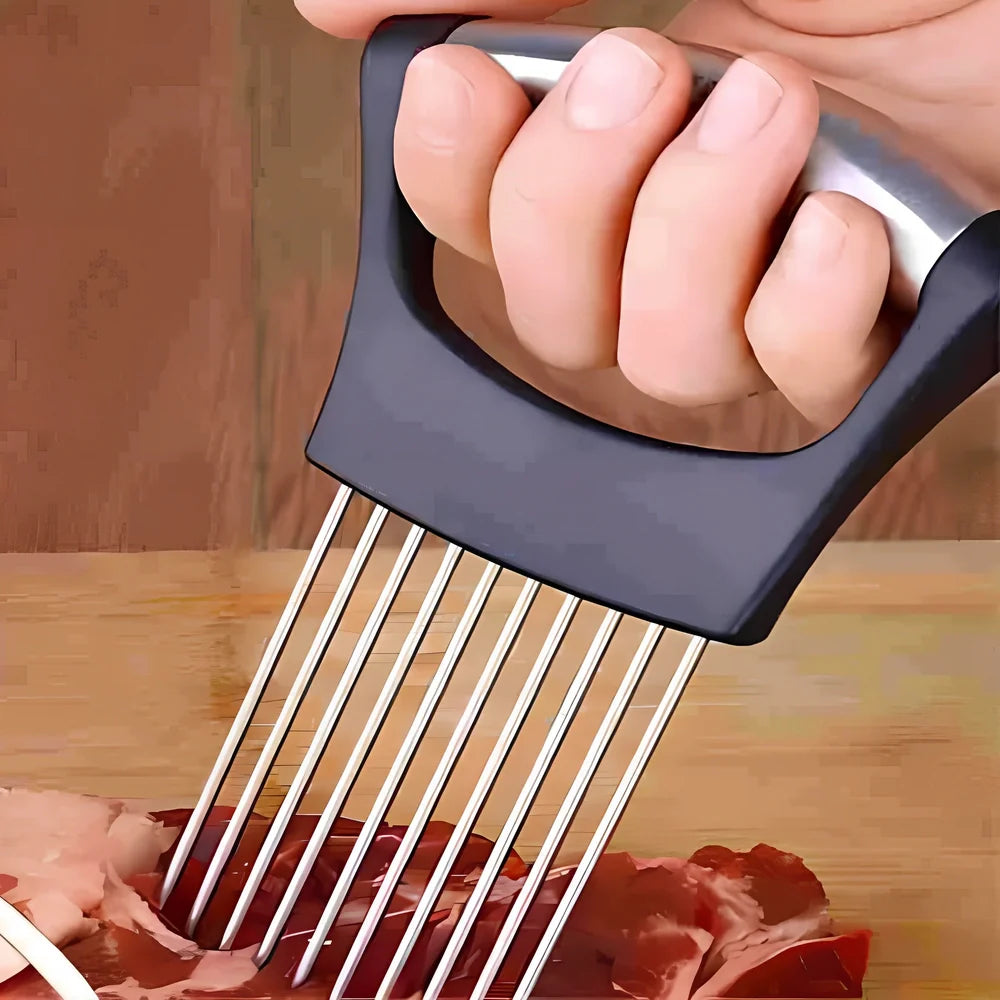 Stainless steel onion holder with black ABS handle for slicing and meat tenderising