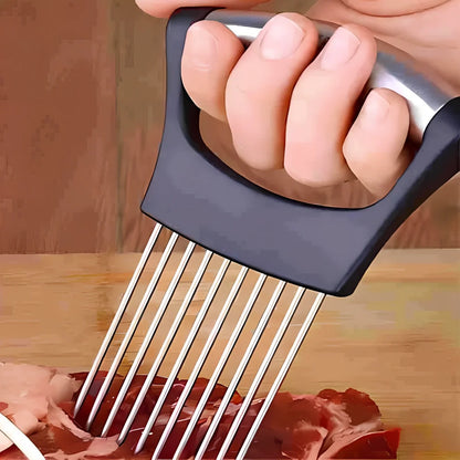 Stainless steel onion holder with black ABS handle for slicing and meat tenderising