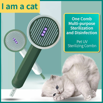 Rechargeable pet grooming brush with UV sterilization, automatic hair removal, and ergonomic floating comb design