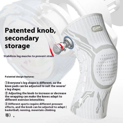 Grey and white sports kneepad for left or right knee, designed for basketball, running, and football.