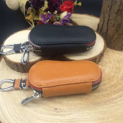 Universal leather car key bag with zipper, 15.5x5x2.5cm, in black or brown for car and home keys