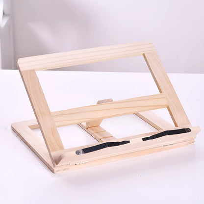 Large wooden reading book easel in pine with iron clamp, 31x24 cm, holding an open book on a desk