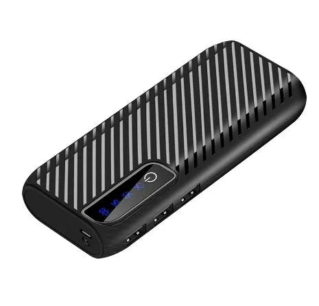 20000mAh mini power bank in black with dimensions 142x64x23mm showing dual USB ports