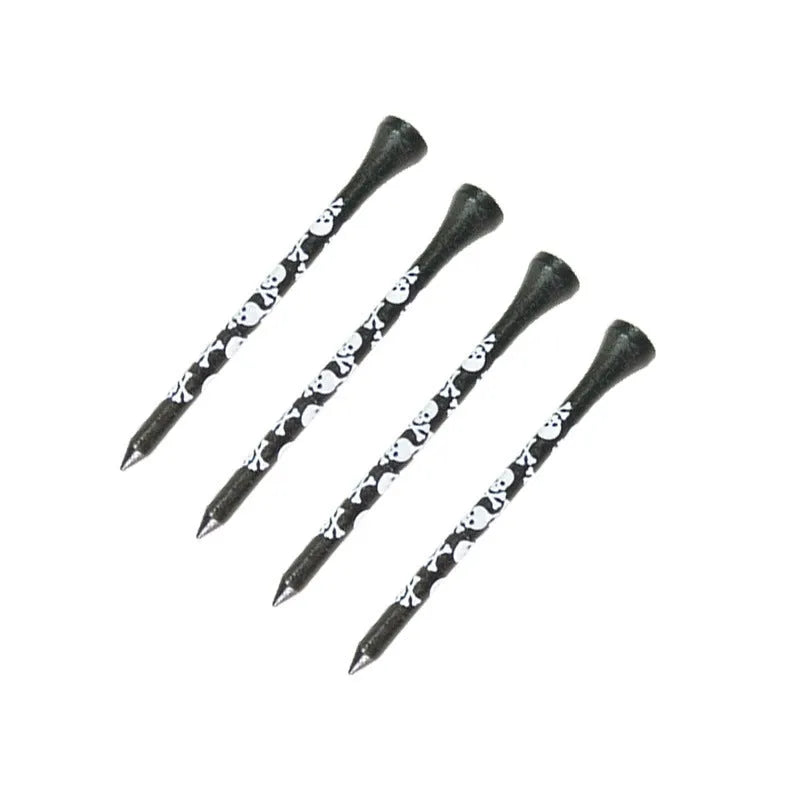 Ten black bamboo dowel pins with skull print for golf tees, showing 70mm and 83mm length options.