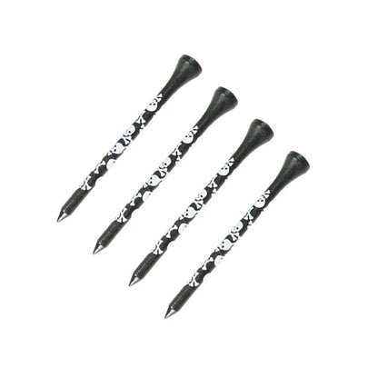 Ten black bamboo dowel pins with skull print for golf tees, showing 70mm and 83mm length options.