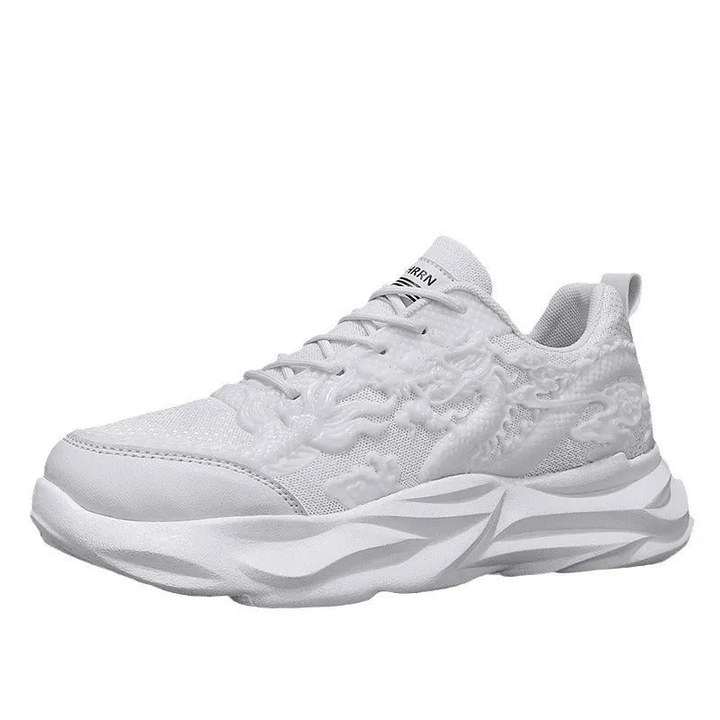 Casual sneakers with Chinese dragon patterns in white jade, golden and dark night designs, rubber soles
