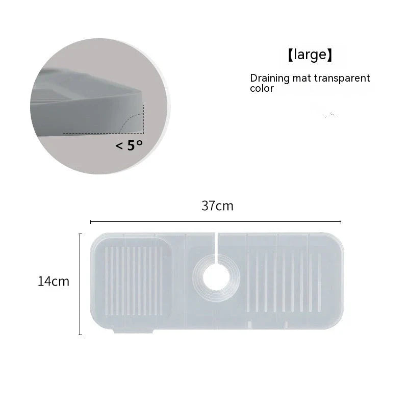 Silicone faucet splash guard with sloped design and dual drains for efficient water drainage in kitchen and bathroom sinks