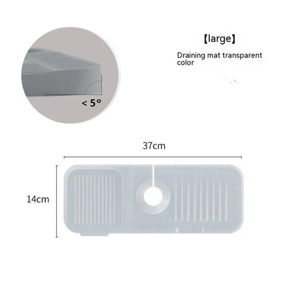 Silicone faucet splash guard with sloped design and dual drains for efficient water drainage in kitchen and bathroom sinks