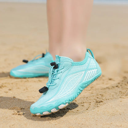 Children's wading swimming shoes with non-slip rubber sole in black, grey, pink, and blue colour options