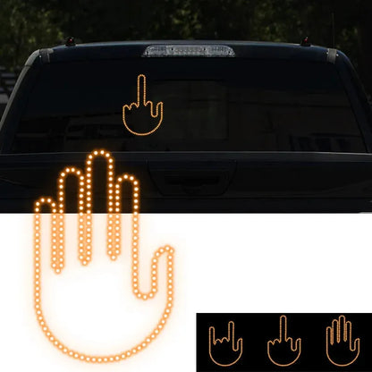 Black plastic LED gesture car light showing illuminated hand symbol, with remote control.