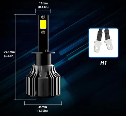 Close-up of a 6000K white LED car headlight bulb with adjustable chuck and connector, showing compact design.