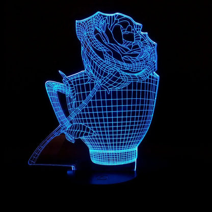 3D rose flower night light showing seven colour options with remote control and USB cable