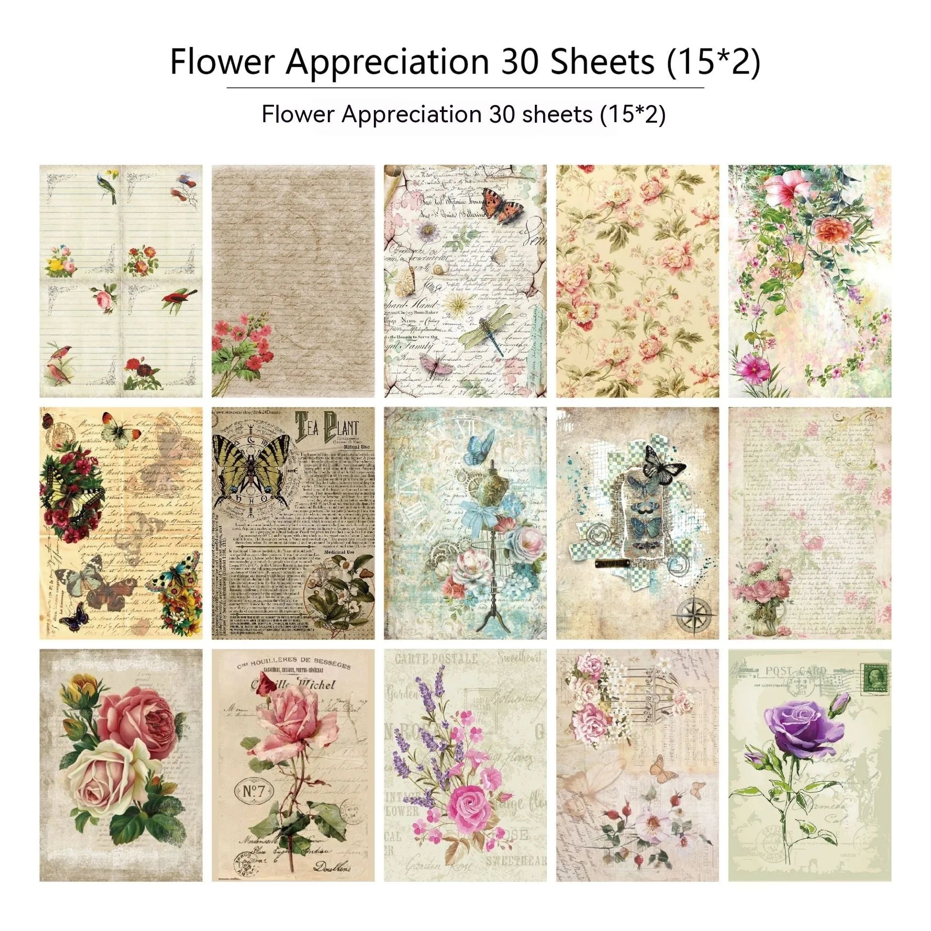 30 piece retro scrapbook paper set with botanical, flower, letter, recovery, starry night, and music prints