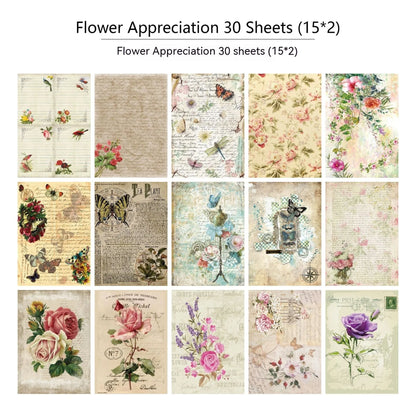 30 piece retro scrapbook paper set with botanical, flower, letter, recovery, starry night, and music prints