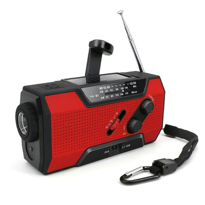 Pocket solar radio in green, red, white, or yellow with engineering plastic body, solar charging, and waterproof build.