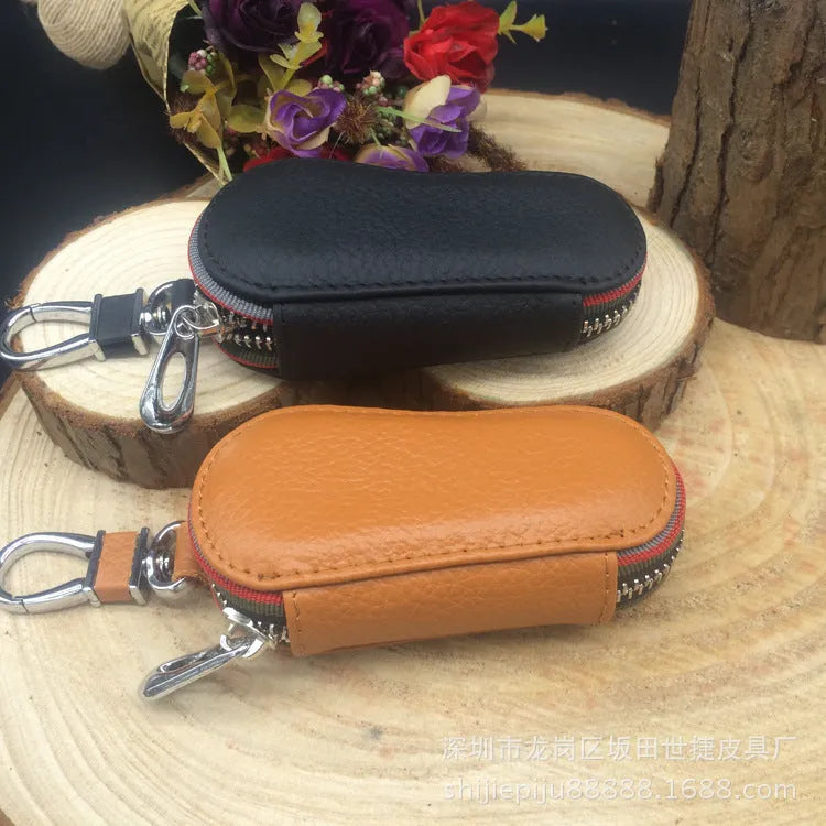 Universal leather car key bag with zipper, 15.5x5x2.5cm, in black or brown for car and home keys
