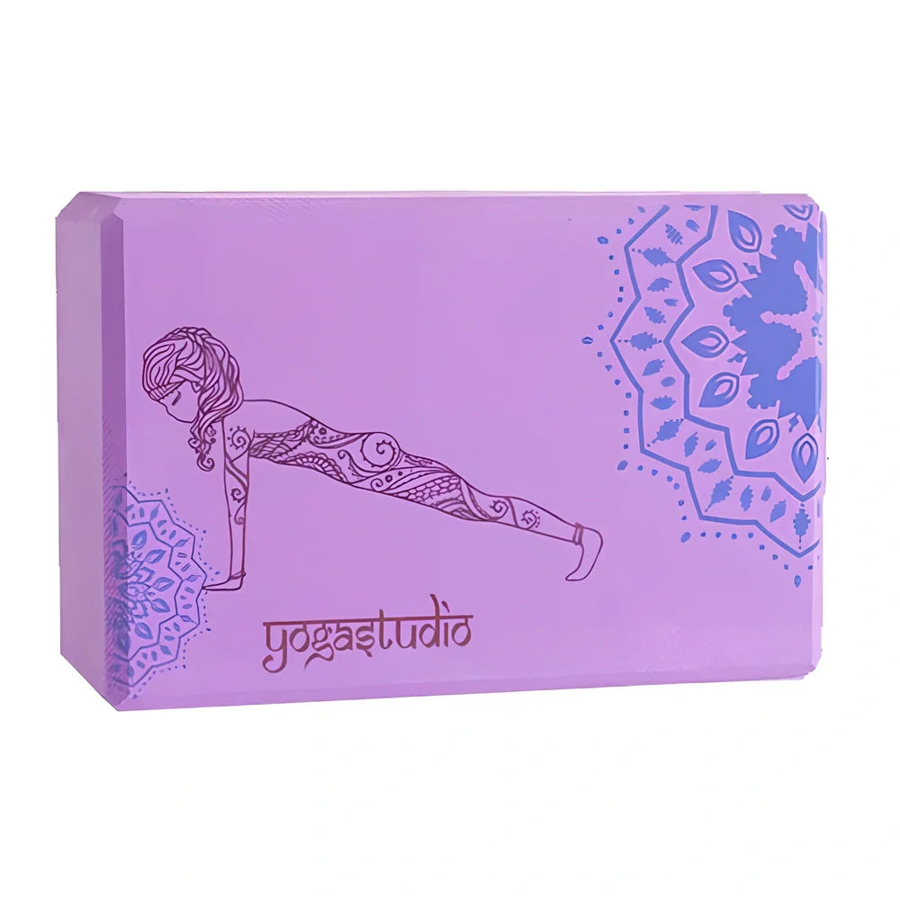 Black yoga brick with mandala pattern, 23cm long with textured surface for secure grip during yoga practice
