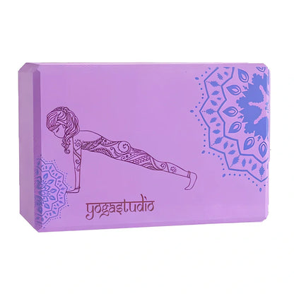 Black yoga brick with mandala pattern, 23cm long with textured surface for secure grip during yoga practice