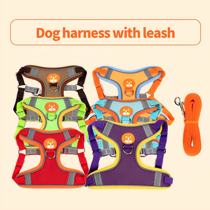 Dog haulage rope package with adjustable vest harness in purple, blue, orange, red, brown, or green