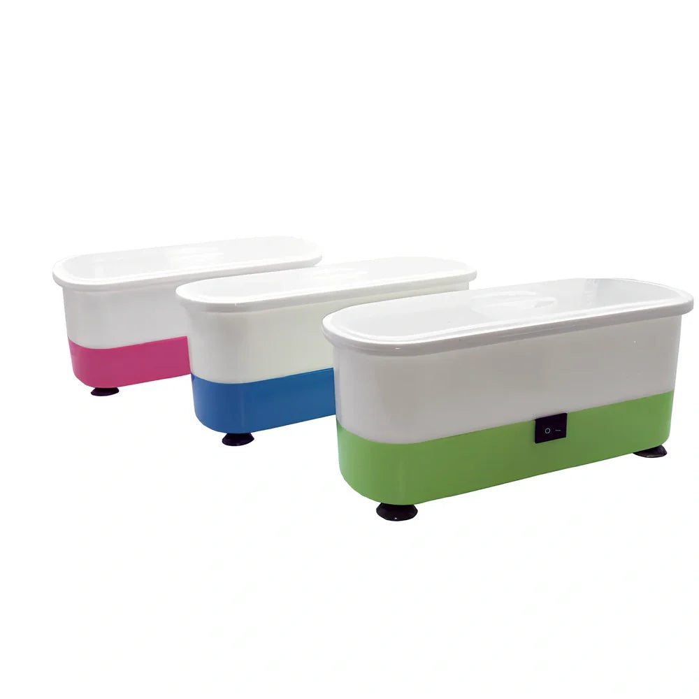 Blue analog ultrasonic cleaner measuring 17x6x8cm with four suction cups and battery compartment