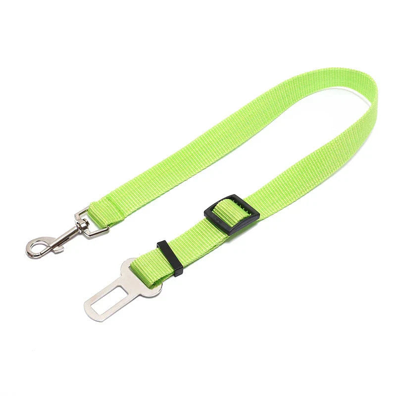 Adjustable dog seat belt with secure clip and buckle for attaching to pet harness and vehicle seatbelt