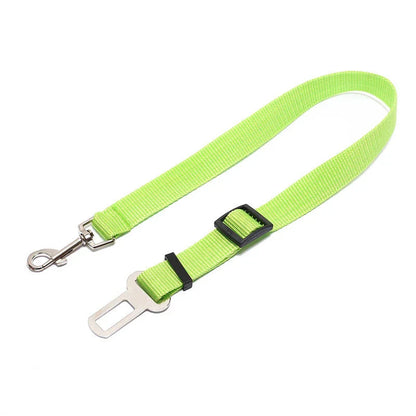 Adjustable dog seat belt with secure clip and buckle for attaching to pet harness and vehicle seatbelt