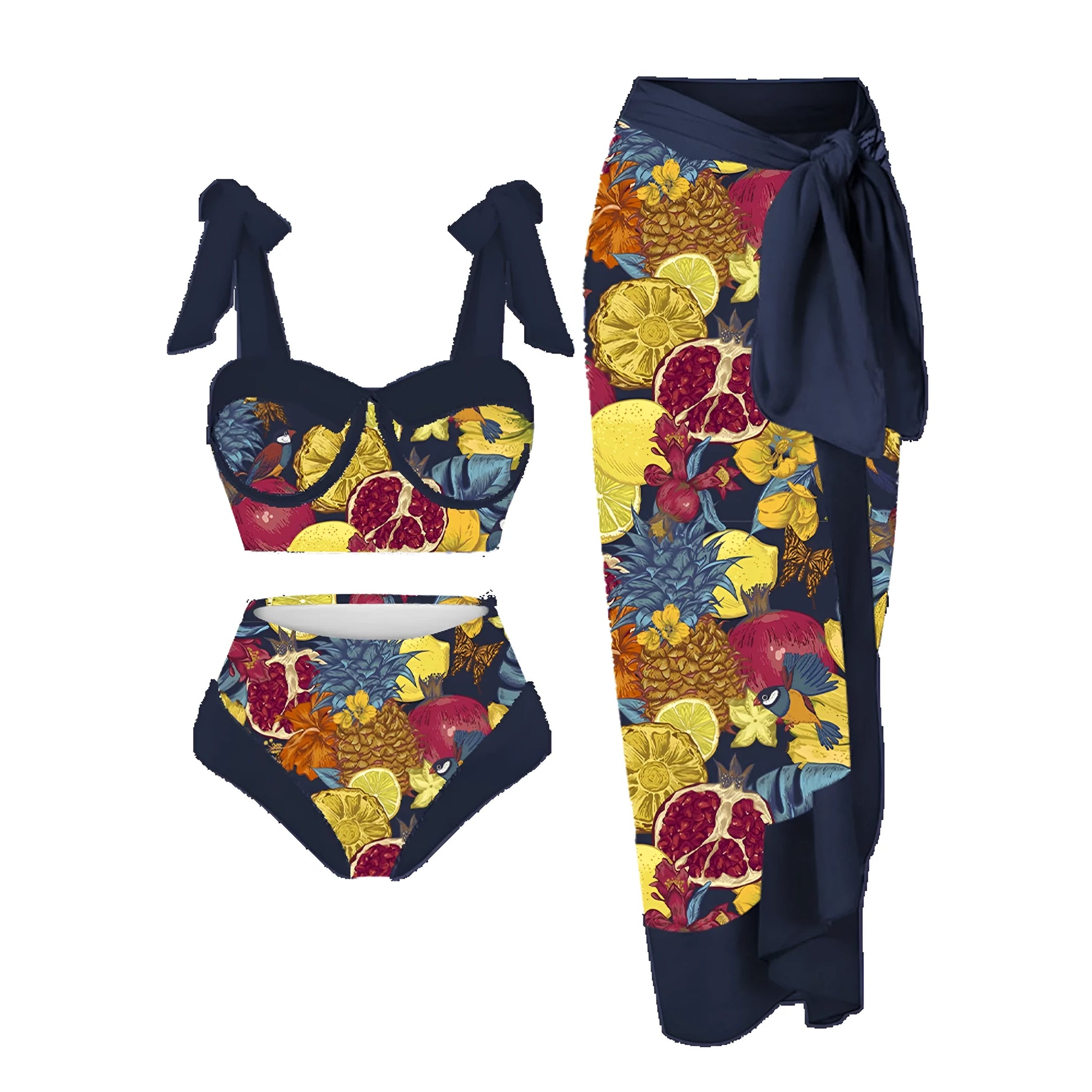 Women's pink and floral print split swimsuit three-piece set with skirt, bra, and panties.