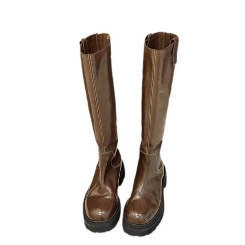 Round head thick bottom chunky heel long tube knight boots for women in black or brown, featuring a rubber sole and microfiber upper with rear zipper closure, available in sizes 35 to 40 with a mid heel height of 3-5cm.