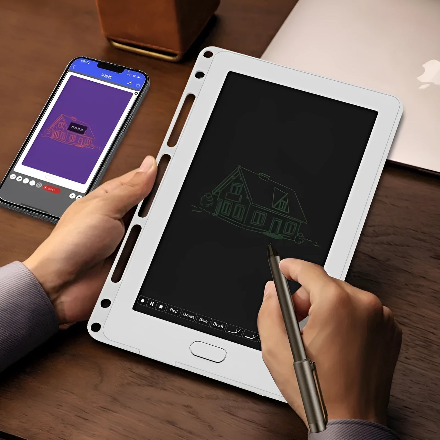 85-inch electronic writing pad with stitching detail in dark blue, shown with smart pen and charging cable.