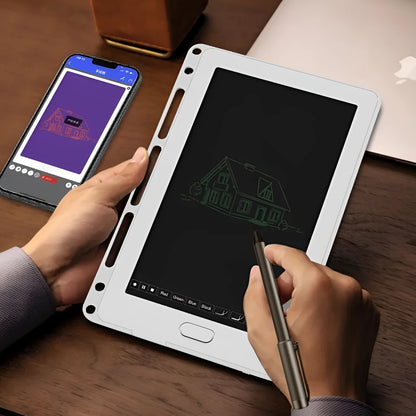 85-inch electronic writing pad with stitching detail in dark blue, shown with smart pen and charging cable.