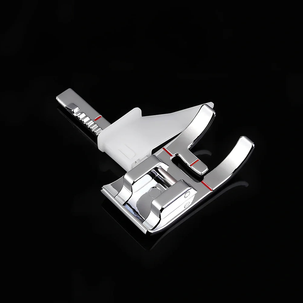 Regular sewing machine presser foot with red border guide for precise quilting measurements