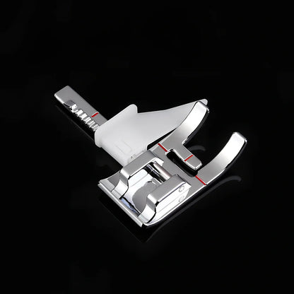 Regular sewing machine presser foot with red border guide for precise quilting measurements