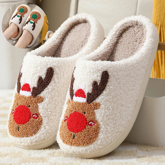 Cozy elk-themed winter home slippers in various candy colors with soft suede upper and supportive EVA sole