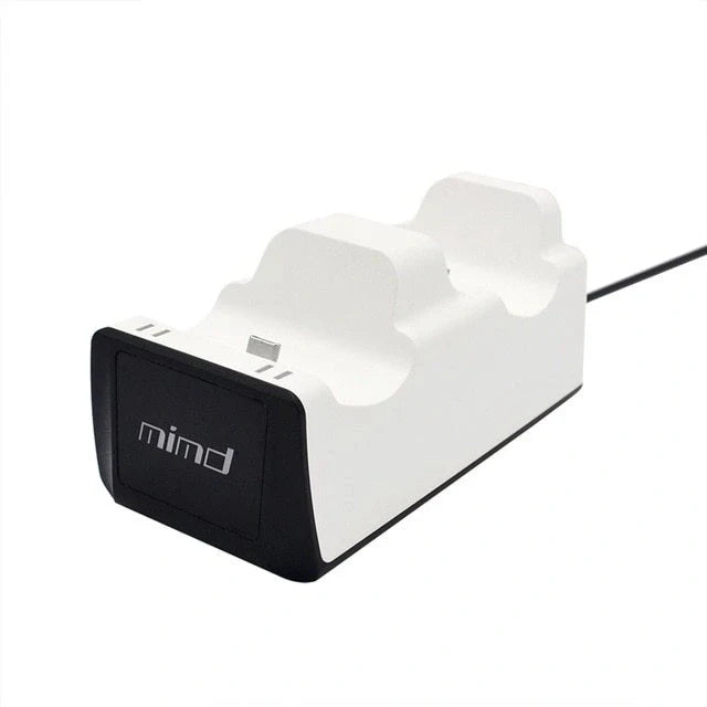 PS5 Wireless Controller Dual Charge Dock in black and white, charging two controllers simultaneously