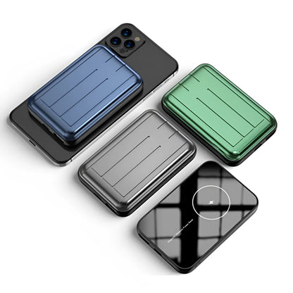 15W magnetic wireless charging power bank 5000mAh in blue, green, and grey, 98x64x16mm
