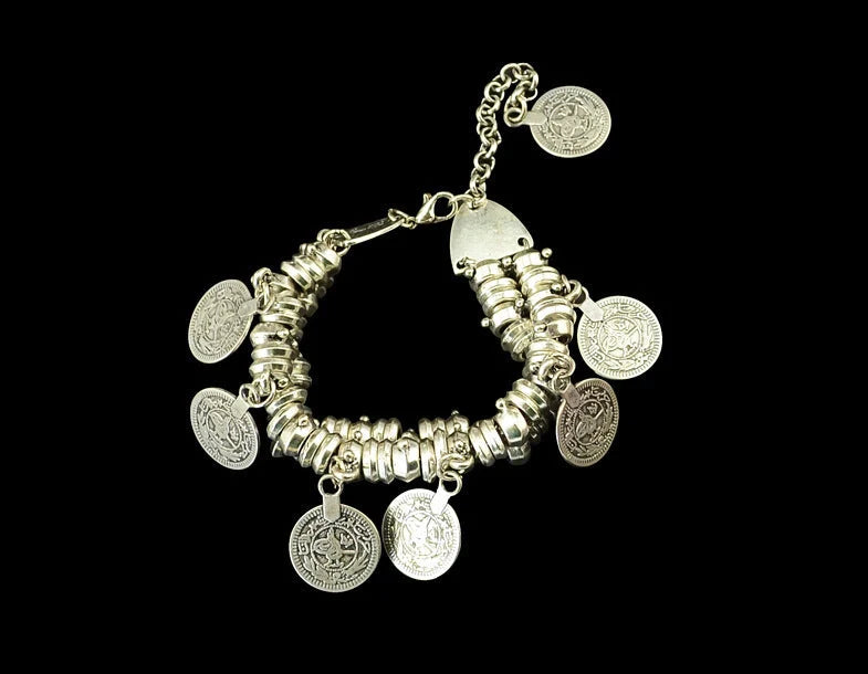 Elegant adjustable coin bracelet and anklet set in gold and silver