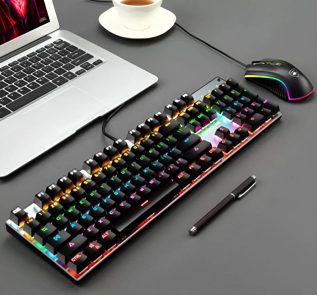 Waterproof mechanical gaming keyboard with 104 keys in black, blue, and pink colour options
